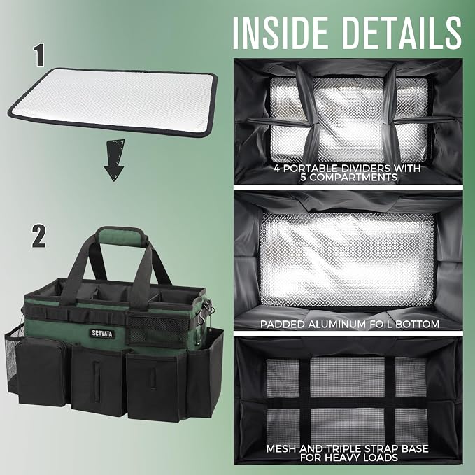 SCAVATA Wearable Cleaning Caddy Bag, Cleaning Caddy Supplies Organizer with Handle & Shoulder Straps for Housekeepers, Under Sink & Car Cleaning Tool Organizers with 4 Foldable Divider (TreeGreen)