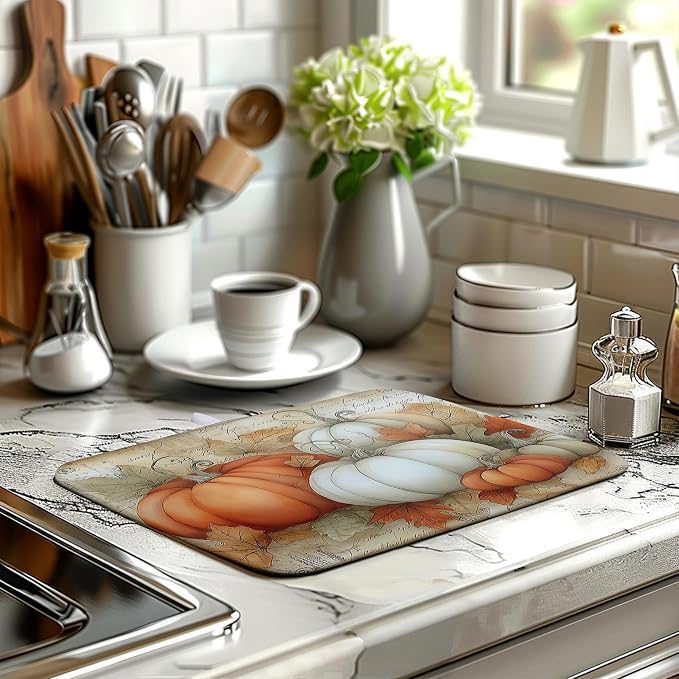 Fall Dish Drying Mats for Kitchen Counter Autumn Pumpkin Maple Leaf Vintage Drying Mats Thanksgiving Holiday Dishes Drainer Pad Microfiber Absorbent Reversible Dish Draining Mat 16x18 Inch