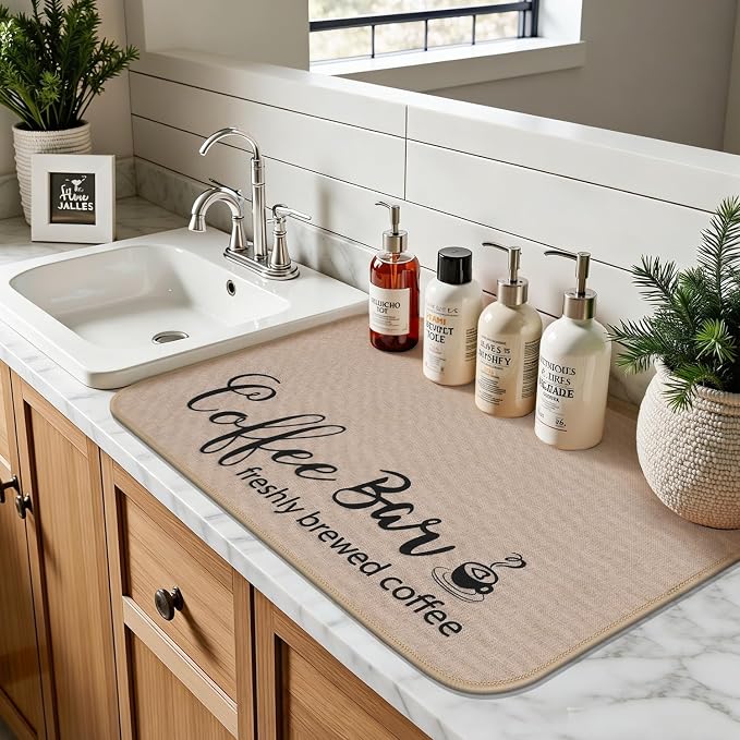 Findosom Dish Drying Mat, 16"x 24" Super Absorbent & Hide Stain Coffee Mat, Cuttable Drying Mat for Kitchen Counter, Coffee Bar Accessories, Under Dish Rack, Coffee Maker, Espresso Machine, Linen
