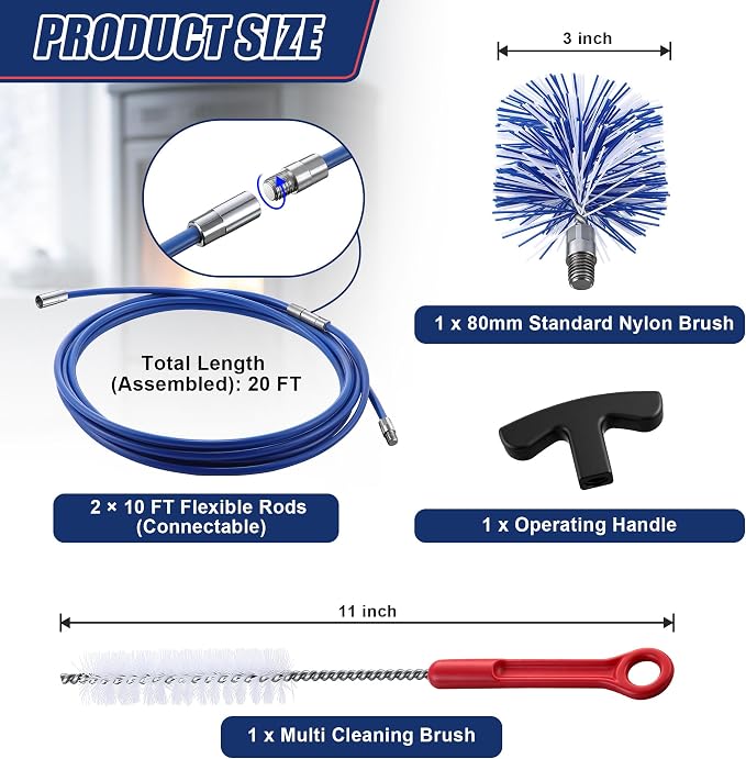 Dreyoo Pellet Stove Cleaning Brush Kit, 20 FT Flexible Steel Rod with 3" Brush Head, T Handle, Multi Purpose Flue Detail Cleaner, Nylon Stove Flue Pipe Kit for Pellet Furnace Exhaust Pipes