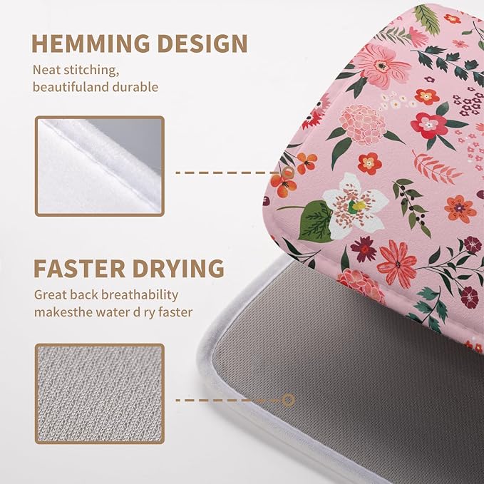 Pink Floral Dish Drying Mat for Kitchen Counter Cute Flower Print Dish Rack Mats Absorbent Microfiber Dish Draining Mat Reusable Washable Large Drainer Pad 16x18 Inch