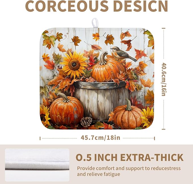 Fall Dish Drying Mat for Kitchen Counter Autumn Thanksgiving Pumpkin Sunflower Maple Leaf Leaves Birds Dishes Draining Pad Washable Dish Drainer Rack Mat Medium 16x18 Inch