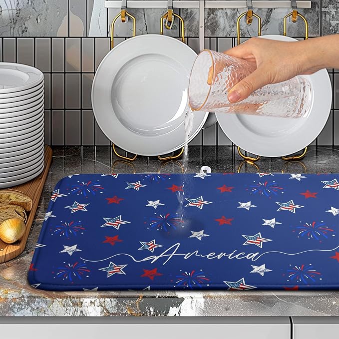 4th of July Dish Drying Mat America Stars Fireworks Blue Drying Mat 18x24 Inch Patriotic Memorial Independence Day Microfiber Absorbent Dish Drainer Rack Mats for Kitchen Counter
