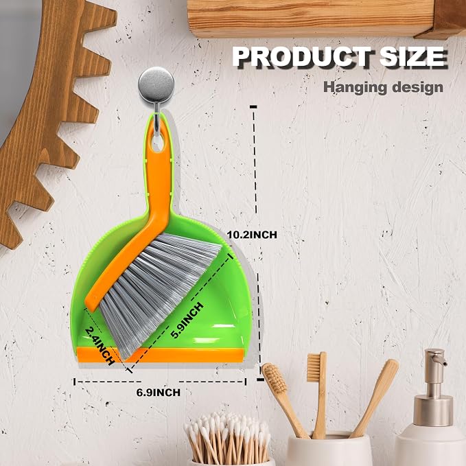 Mini Broom with Dustpan Combo Set Small Dust pan and Brush Set Quick Cleanup Debris Dust for Floor Countertop Worktop Desk Pet Cage (Green+Orange)
