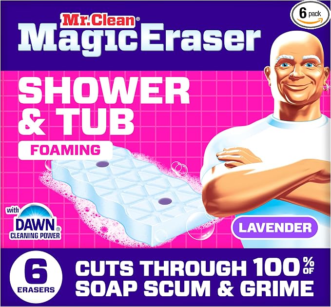 Mr. Clean Magic Eraser Sponge, Bathroom, Shower, Tub Cleaner, Soap Scum Remover, Bathroom Cleaning Supplies, Dawn Cleaning Power with Lavender Scent, Shower & Tub, 6ct