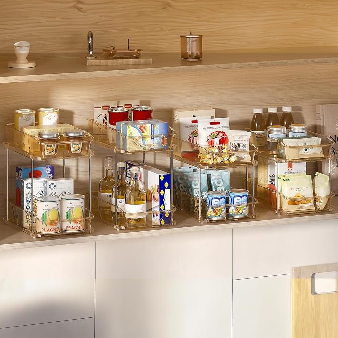 Delamu 2-Tier Under Sink Organizers and Storage, Multi-Purpose Stackable Bathroom Cabinet organizers, Pull Out Kitchen Pantry Organization and Storage with Dividers(2 Pack, Amber)