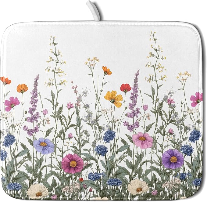 Giwawa Flower Herbs Dish Drying Mat Botanical Plant Dishes Drainer Mat 16x18 inch Reversible Microfiber Drying Dish Pad for Kitchen Counter Decor