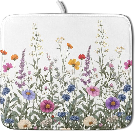 Giwawa Flower Herbs Dish Drying Mat Botanical Plant Dishes Drainer Mat 16x18 inch Reversible Microfiber Drying Dish Pad for Kitchen Counter Decor