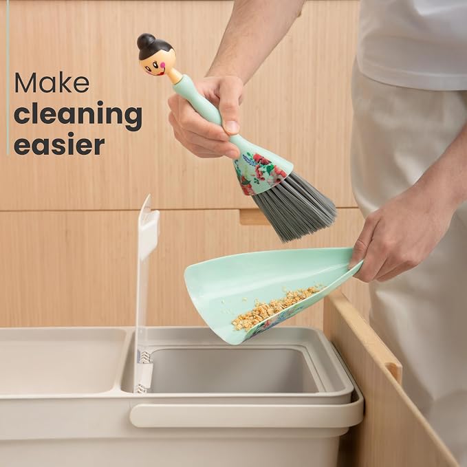 Vigar Mini Broom and Dustpan Set - Small Broom and Dustpan, Hand Broom for Desk, Kitchen, Car, Crumb Brush for Dust & Pet Hair, Decorative Doll Design, Portable Dust Pan Brush for Indoor - Turquoise