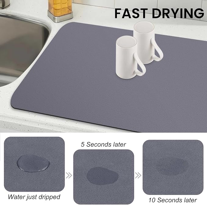WISELIFE Dish Drying Mat Super Absorbent Drying Mat Large Dish Drying Mats for Kitchen Counter Easy Clean Dish Mat Kitchen Drying Mat18"x 32" Classic Grey