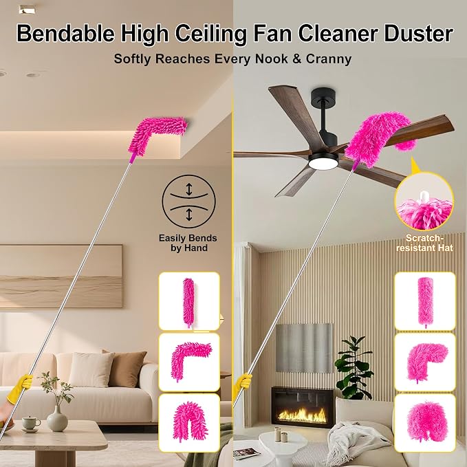 Tiumso 5-in-1 Duster with Extension Pole 100 inch Extendable Dusters for Cleaning Anti-Spin Reusable Dusting Kits for High Ceiling Fans, Cobwebs & Vents, Reinforced Stainless Steel Telescopic Handle