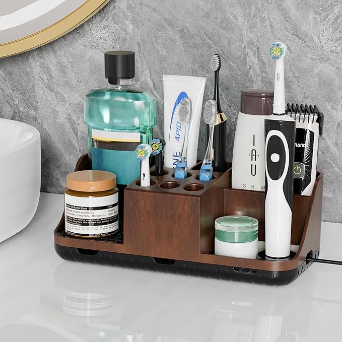 Boperzi Bathroom Counter Organizer for Vanity & Sink Storage: Detachable Electric Toothbrush and Toothpaste Holder, Water Flosser Holder, Bathroom Decor and Accessories Organization Set(Walnut Black)