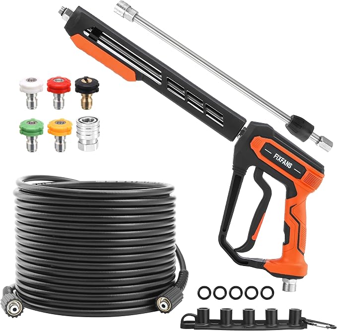 FIXFANS Pressure Washer Gun and Hose Kit, 50FT Power Wash Hose, M22 Fitting | High Pressure Washer Replacement Wand Extension, 5 Nozzle Tips