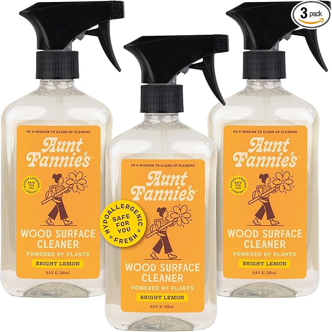 Aunt Fannie's All Purpose Wood Spray Cleaner, Lemon, 16.9 oz, Pack of 3 | No-Wax Formula, Removes Dust & Grime, Safe for Tables Counters Shelves Walls & Cabinets, Child and Pet Safe, Made in USA