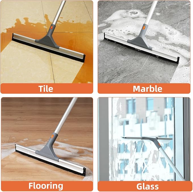 Eazer Floor Squeegee for Floor: Heavy Duty Scrubber with Extendable 60'' Aluminum Pole and Rubber Blade for Kitchen, Swimming Pool, Concrete Floors,Shower,Tiles,Garages,Windows,Glass,Pet Hair Removal