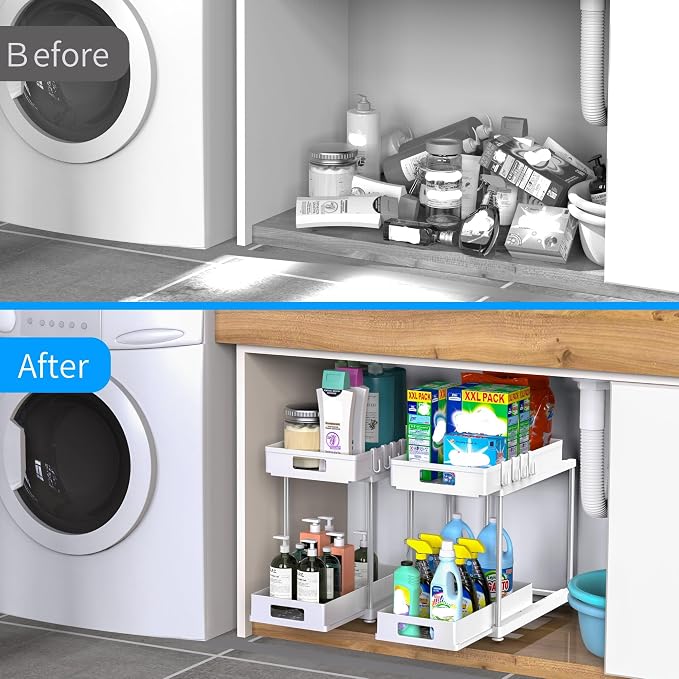 2 Pack Under Sink Organizer with Double Pull-Out Drawer, White | 2-Tier Cabinet Storage, Fits Cleaning Supplies & Toiletries, Space Saving for Small Cabinets, Double-layer Sliding
