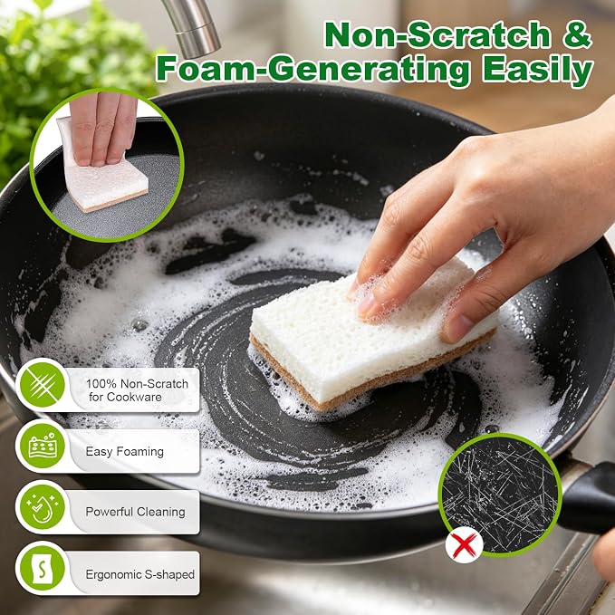 HOMEXCEL Sponges Kitchen, 24 Packs Non-Scratch Natural Sponge for Dishes Cookware, Biodegradable Cellulose Scrub Sponges for Dishwashing Cleaning Household Bathroom