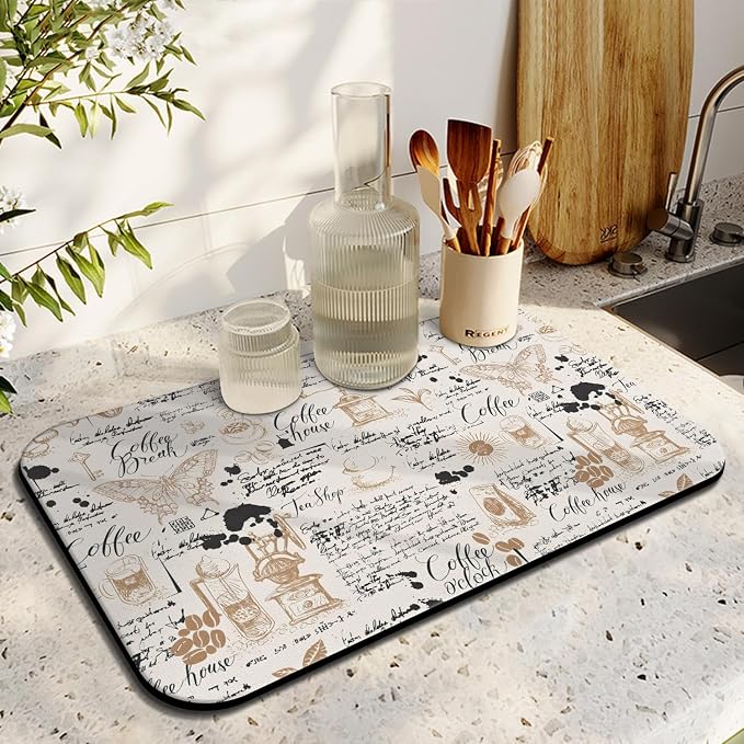 Coffee Bar Mat, 19inx12in, Absorbent, Anti-Slip, Fits Under Coffee Machine, Dish Drying Mat for Kitchen Countertops