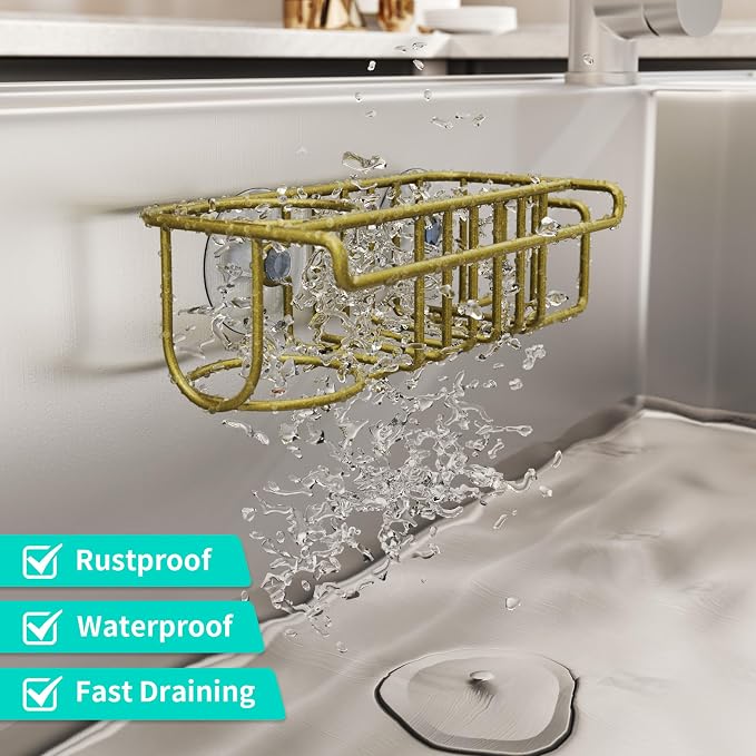 HapiRm Sponge Holder for Kitchen Sink, No Drill Kitchen Sink Caddy Organizer, Rustproof Dish Sponge Holder- Gold(8.73 * 3.54 * 2.36in)