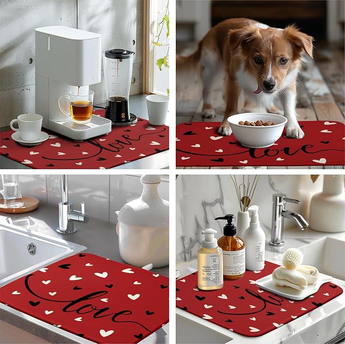 Valentine Dish Drying Mat for Kitchen Counter Valentines Day Red Black Love Heart Holiday Drying Mats Absorbent Microfiber Dish Draining Mat Extra Large Dish Rack Pad 18x24 Inch