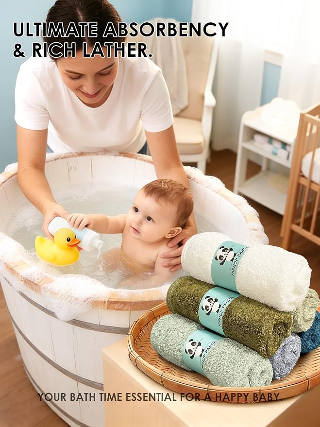 HIPHOP PANDA Baby Washcloths, Rayon Made from Bamboo - 2 Layer Ultra Soft Absorbent Newborn Bath Face Towel - Reusable Baby Wipes for Delicate Skin - Sage and Teal, 6 Pack