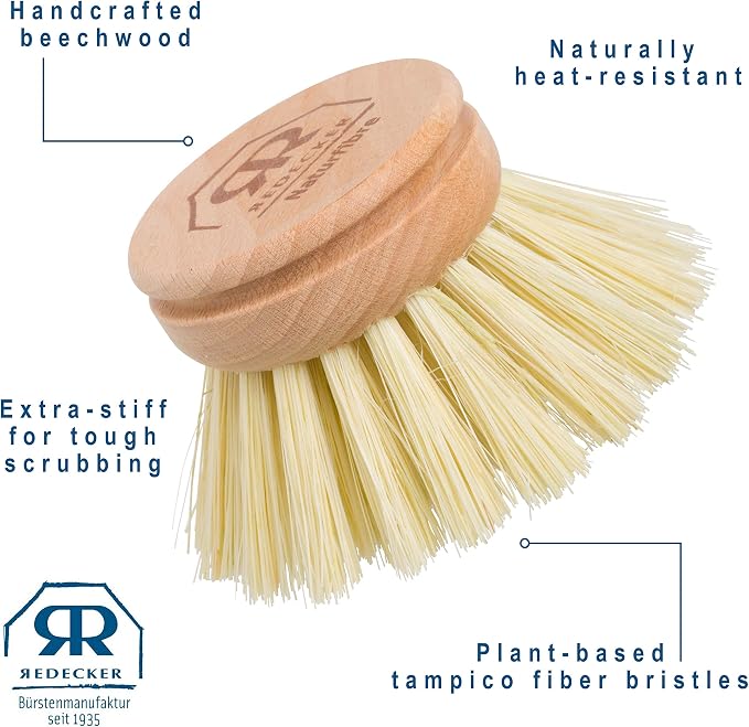 Redecker Dish Brush Replacement Head, Tampico Fiber, 1-1/2 Inch Round – Wooden Replacement Brush Head for Everyday Dishwashing, Made in Germany