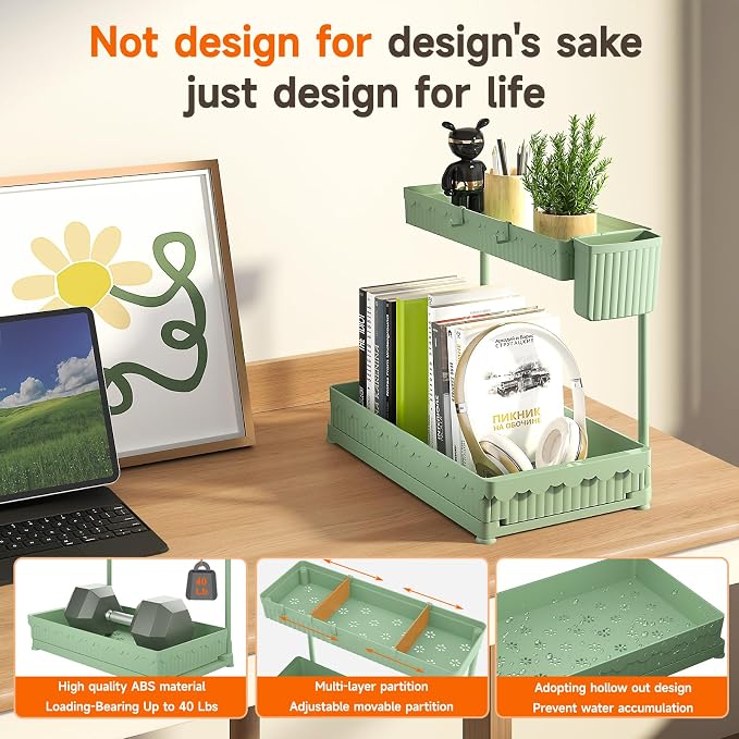Sevenblue 3 Pack Multi-Purpose Pull-Out Storage Organizers, 2-Tier L-Shaped Under Sink/Cabinet Organizers and Storage for Bathroom & Kitchen,Green,12.85 Inch