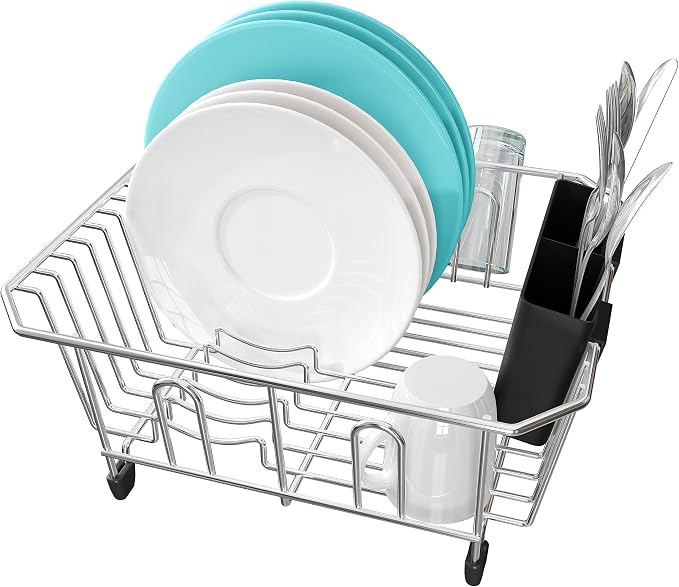 JASIWAY in Sink Dish Drying Rack, Stainless Steel Small Dish Drainer | Perfect Fit 12"x14" Double Bowl Sink, Counter Space Saving for Kitchen, Apartment, Sturdy Dish Dryer with Utensil Holder