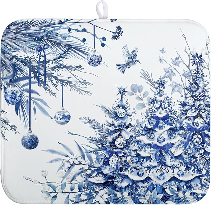 Christmas Tree Dish Drying Mat for Kitchen Counter 16x18 Inch Blue White Chinoiserie Winter Xmas Holiday Drying Mats Microfiber Absorbent Dish Draining Reusable Dish Drainer Pad