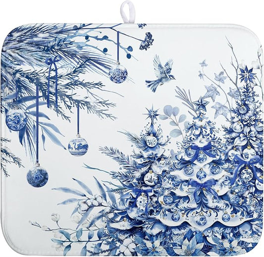 Christmas Tree Dish Drying Mat for Kitchen Counter 16x18 Inch Blue White Chinoiserie Winter Xmas Holiday Drying Mats Microfiber Absorbent Dish Draining Reusable Dish Drainer Pad