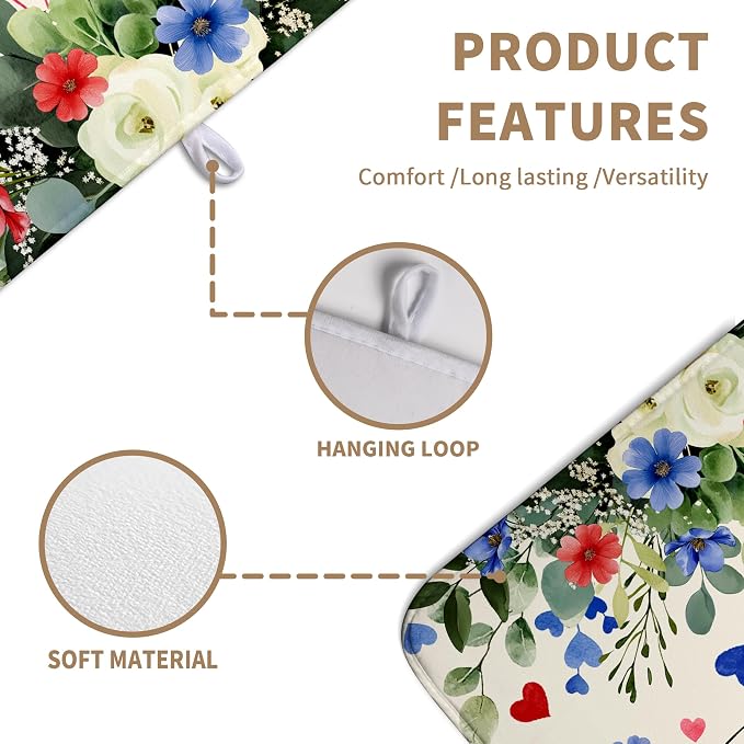 4th of July Patriotic Floral Dish Drying Mat Summer Memorial Day Large Kitchen Mats Dish Drying Pad Absorbent Dish Dryer Mat for Kitchen Countertops Microfiber Drainer Pad Dish Drying Mats (18x24 in)