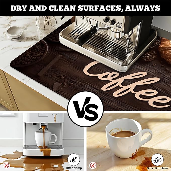 Dish Drying Mat Large Coffee Mat Absorbent Drying Mat for Kitchen Counter Coffee Bar Accessories 32"x 17", Coffee and Bread