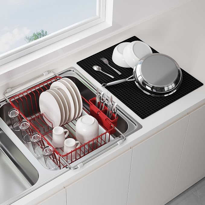 JASIWAY Red Dish Drying Rack in Sink with Mat, Expandable Stainless Steel Dish Drainers for Kitchen Counter, Space Saving Dish Dryer for Inside Sink, Over Sink Dish Racks with Utensil Holder