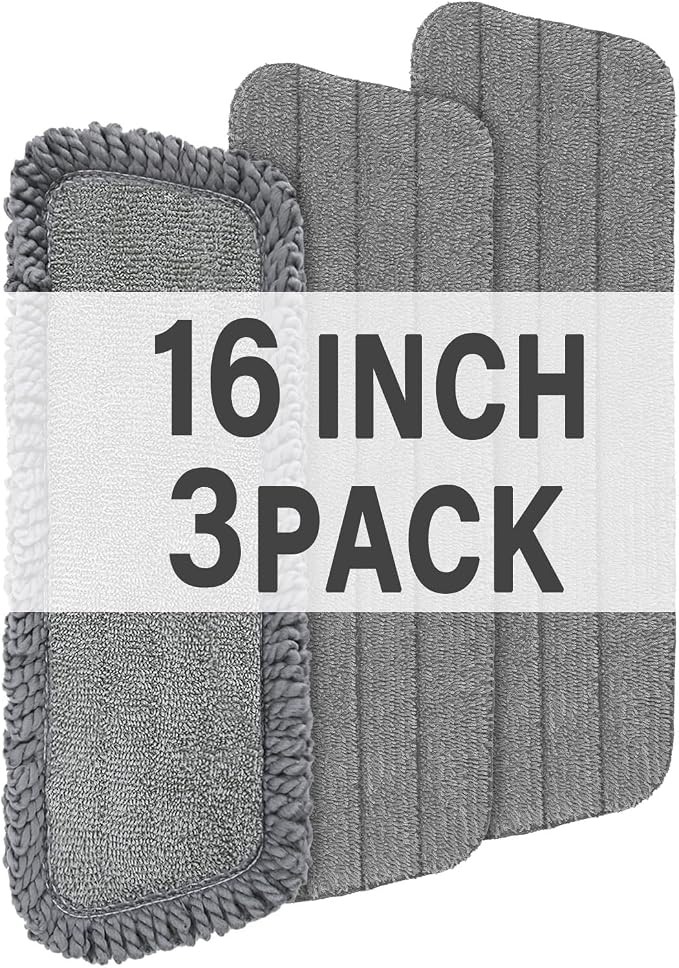 16.5" Microfiber Mop Pads Refills, 3 Pack Reusable Replacement Heads | reusable wet mop refills, machine washable for 14-16 inch spray mops, hardwood floors, dust cleaning & scrubbing