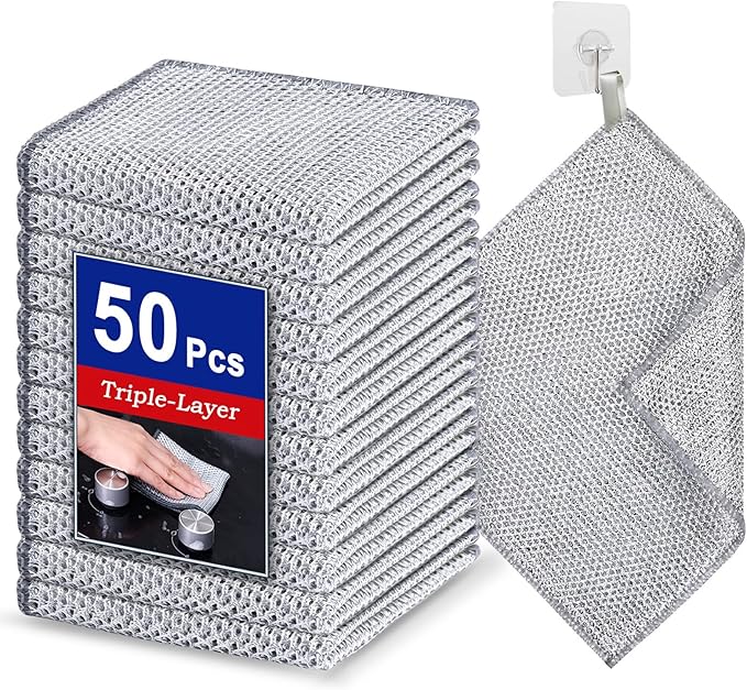 Wangjinpeng 50 Pcs New Upgrade 3-Layer Metal Dish Cloths, Non-Scratch Odor-Free Multipurpose Wire Dishwashing Rags for Wet Dry Use, Kitchen Cleaning Cloths for Dishes, Sinks & Stove Tops(7.87X7.87)