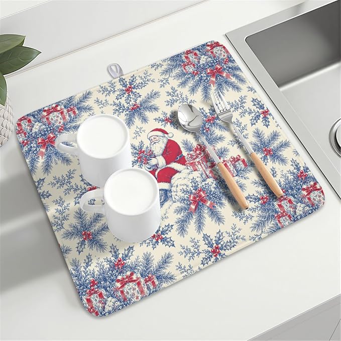 Christmas Santa Claus Dish Drying Mat for Kitchen Counter 16x18 Inch | Vintage Blue Chinoiserie Christmas Holly Leaves Dish Drainer Mat Rustic Xmas Holiday Absorbent Washable Drying Pad