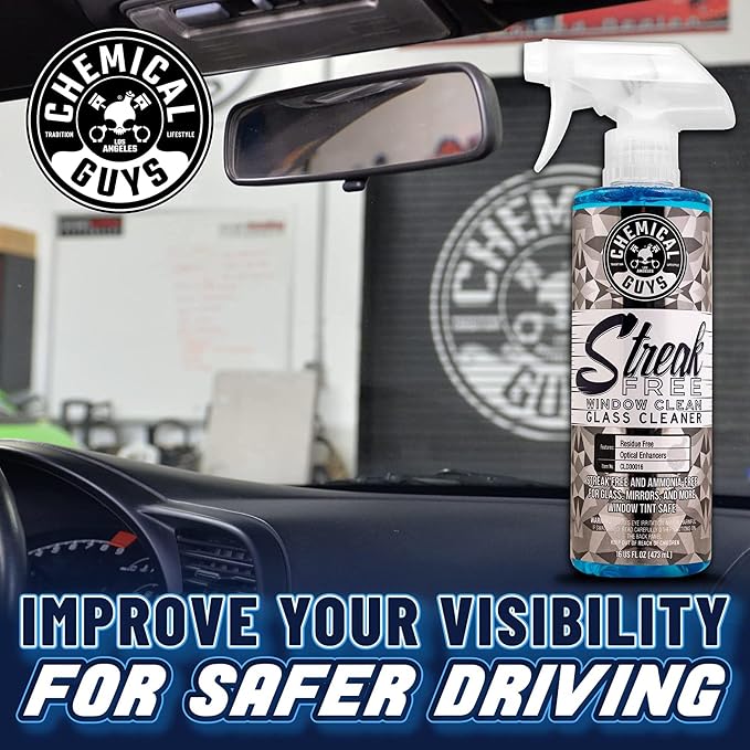 Chemical Guys Streak Free Window Clean Auto Glass Cleaner Bundle with Waffle Weave Microfiber Towel, Ammonia Free Spray Safe for Tinted Windows, Mirrors, Touchscreens and Plastics, 16 fl oz