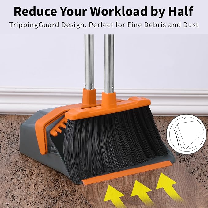 Broom and Dustpan Set for Home, 51" Long Handle Standing Pan Grey Orange | Self-Cleaning Dust Pan and Brooms, ZeroGap Lip, Upright Storage Broom Combo for Kitchen Lobby Office Restaurant Indoor