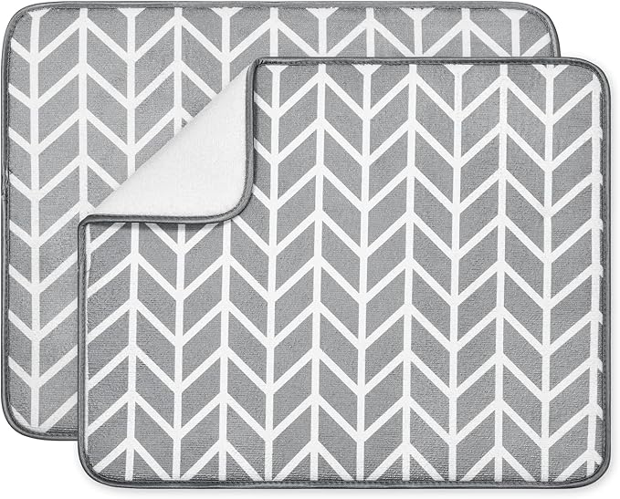SUBEKYU Dish Drying Mat for Kitchen Counter, Absorbent Microfiber Dishes Drainer Mats/Rack Pads, 2 Pack, Light Grey, Branch