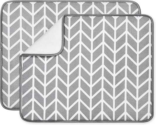 SUBEKYU Dish Drying Mat for Kitchen Counter, Absorbent Microfiber Dishes Drainer Mats/Rack Pads, 2 Pack, Light Grey, Branch