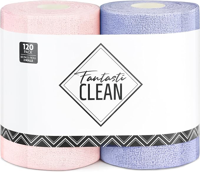 Fantasticlean Microfiber Cleaning Cloth Roll 2 Rolls 120 Pack, Tear Away Paperless Towels, 8" x 8", Reusable Washable Rags, House Kitchen, Pet, Office, Indoor Outdoor, Portable (Pink and Light-Purple)