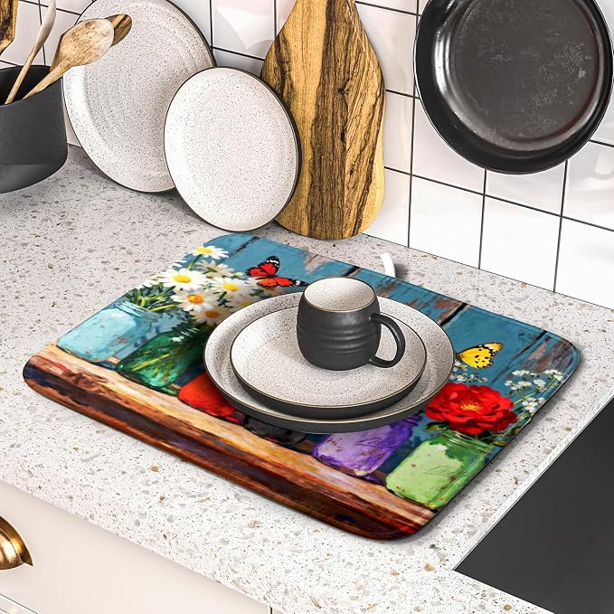 Floral Dish Drying Mat Small for Kitchen Counter 16x18, Spring Summer Farmhouse Decorative Absorbent Reversible Microfiber Kitchen Countertop Protector Dishes Drainer Pad