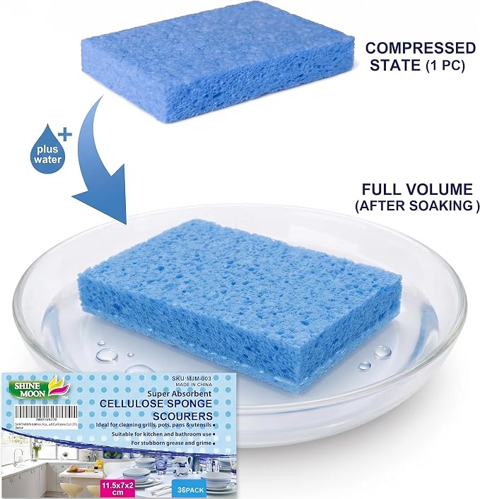 36 Pk Pop-Up Compressed Cellulose Sponges | Heavy Duty Scrub Kitchen Sponge, Clean Tough Messes Without Scratching Eco Friendly Reusable Compostable&Biodegradable