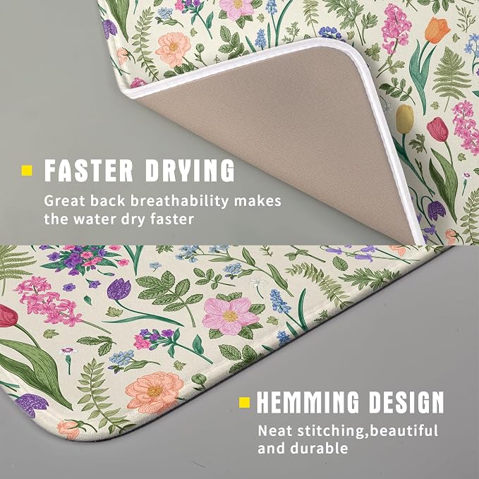 Spring Floral Dish Drying Mat for Kitchen Counter 16x18 Pink Sage Green Flower Vintage Botanical Print Absorbent Reversible Microfiber Drying Mats Kitchen Countertop Protector Dishes Drainer Rack Pad
