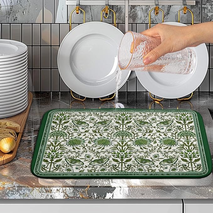 Green Floral Dish Drying Mat for Kitchen Counter 16x18 Inch Spring Summer Flowers Drying Mats Microfiber Absorbent Dish Drainer Pad Reusable Washable Dish Draining Mat for Coffee Bar Sink