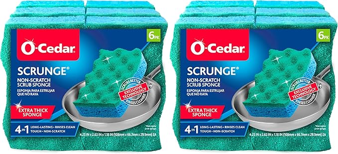 O-Cedar Scrunge Non-Scratch Scrub Sponge Multi-Use,All-Purpose,Odor-Resistant,Scrubbing Sponge Safely Cleans All Hard Surfaces in Kitchen and Bathroom,6 Count (Pack of 2)