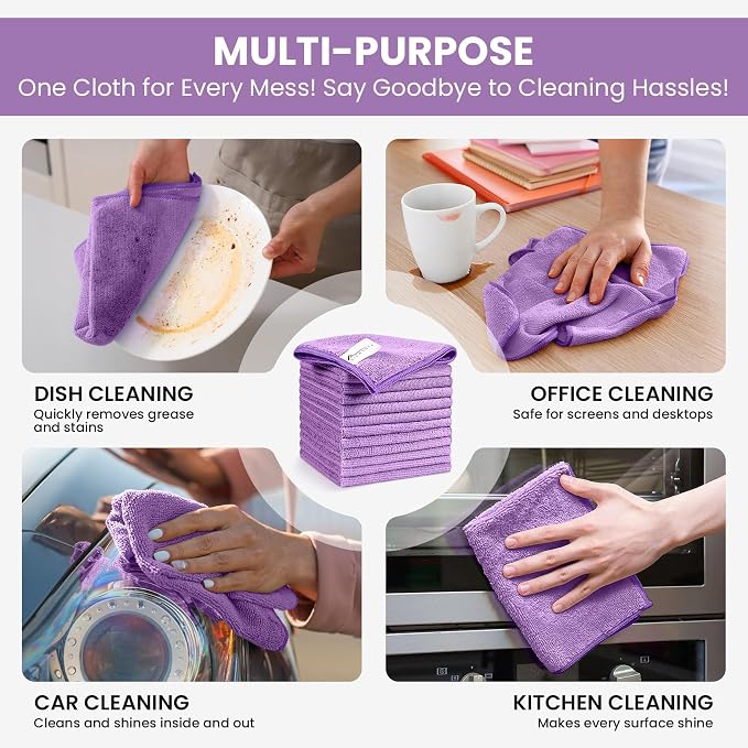 SIFANGKE Microfiber Cleaning Cloth, 12 Pack Purple Cleaning Rags for Housekeeping, Reusable Microfiber Towels for Car, Kitchen, Bathroom and Household Cleaning Supplies, 11.8"X11.8"