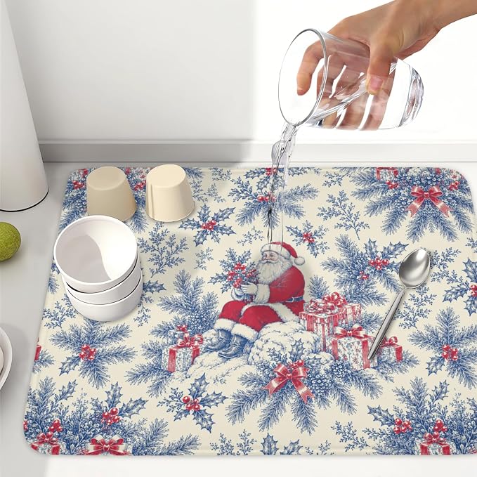 Christmas Santa Claus Dish Drying Mat for Kitchen Counter 18x24 Inch | Vintage Blue Chinoiserie Christmas Holly Leaves Dish Drainer Mat Rustic Xmas Holiday Absorbent Washable Drying Pad