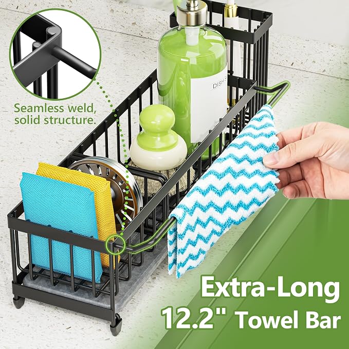 Cisily Large Sink Caddy Organizer with Towel Holder, Quick Dry Sponge Holder for Kitchen, Black Dish Brush Holder for Countertop, Kitchen Decor Storage and Essentials