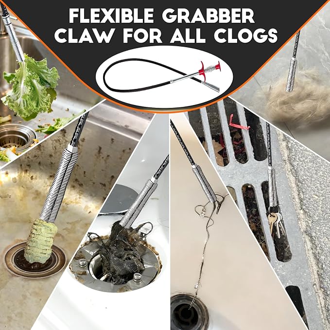 Flexible Grabber Claw (4 Claws), Drain Snake with Tweezers, Bendable Hose Grabber Reacher Tool, Retractable Drain Clog Remover Tool, Pickup Tool for Bath Tub, Toilet, Kitchen Sink & Sewer (24 inches)